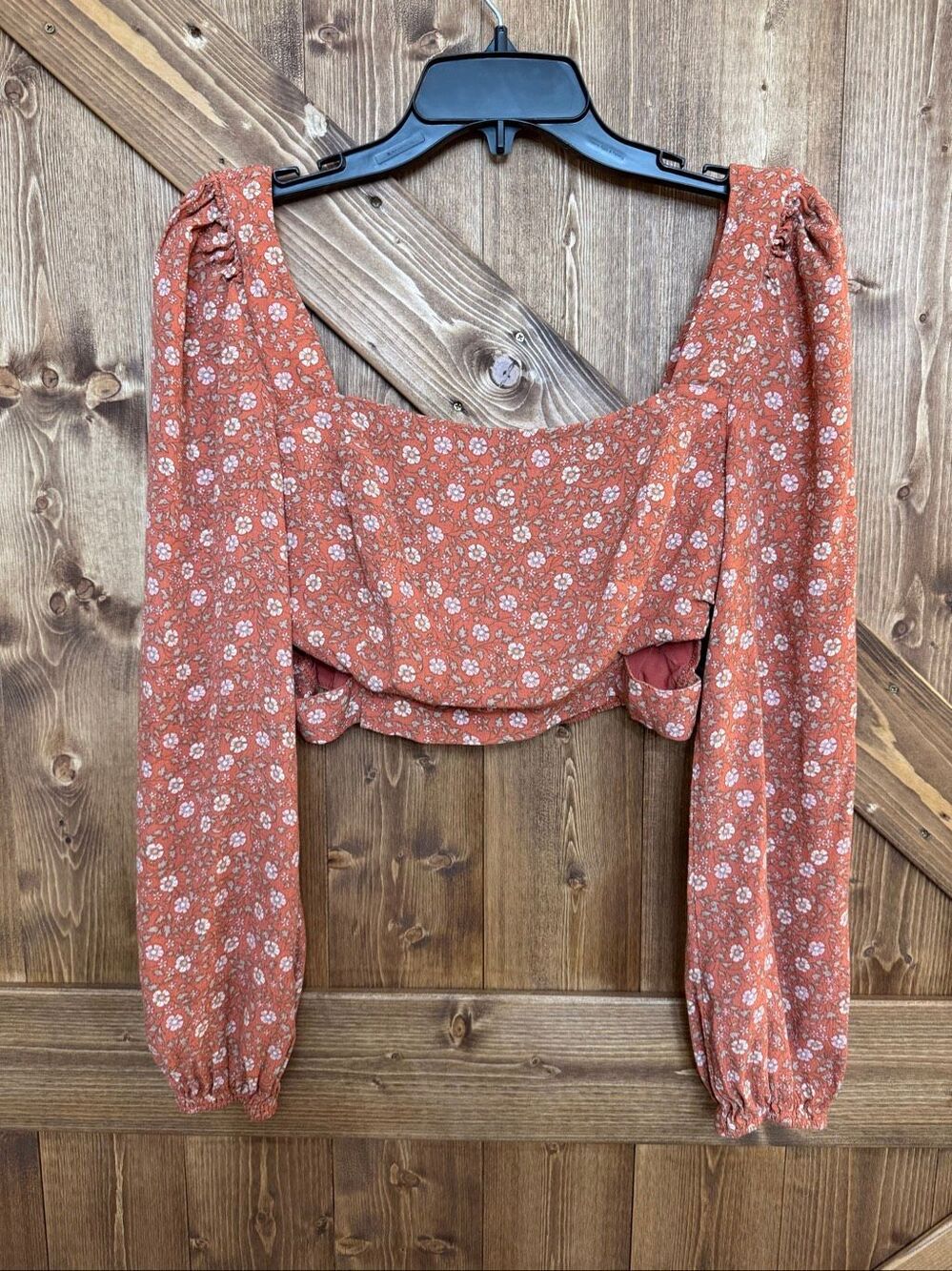 Elodie Women’s Medium Rust Floral Crop Top Long Sleeve Square Neck Boho Blouse(9